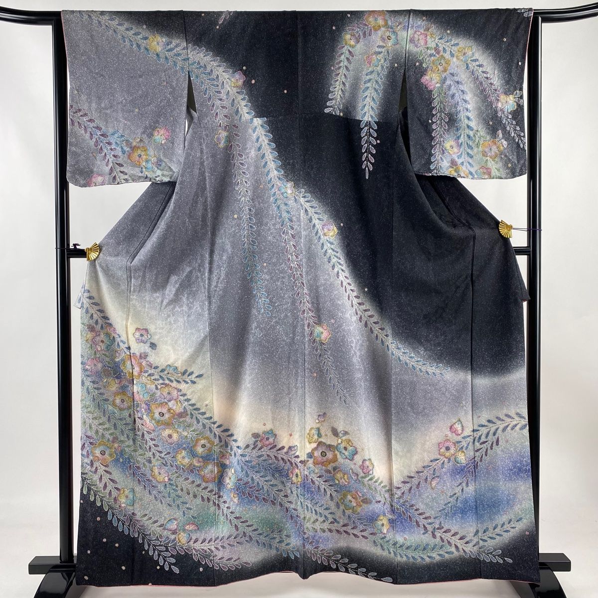 訪問着 身丈161cm 裄丈64cm M 袷 辻が花柄 金彩 ぼかし 灰色 正絹 逸品  