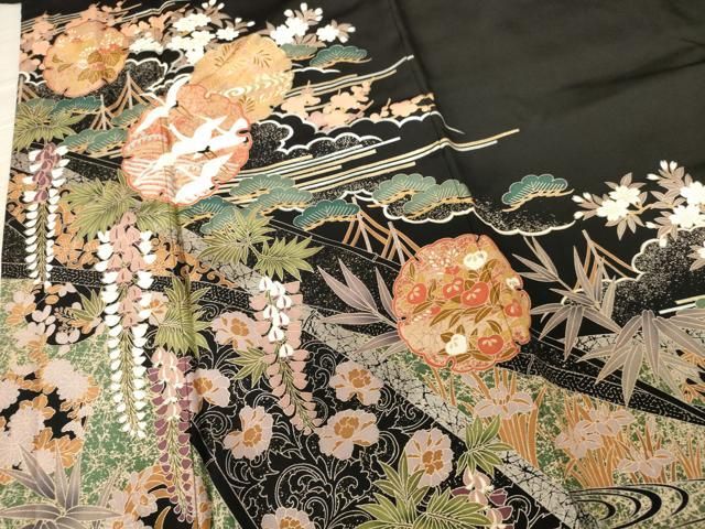 平和屋本店□極上 アンティーク 大正ロマン 振袖 駒刺繍 笹竹 鏡裏