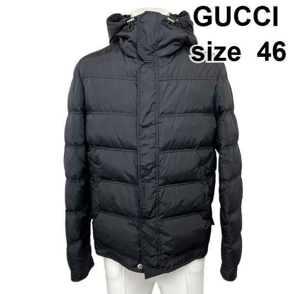 ○□ グッチ GUCCI ダウンジャケット ロゴ ワッペン 裏地GG柄 黒 46 M 