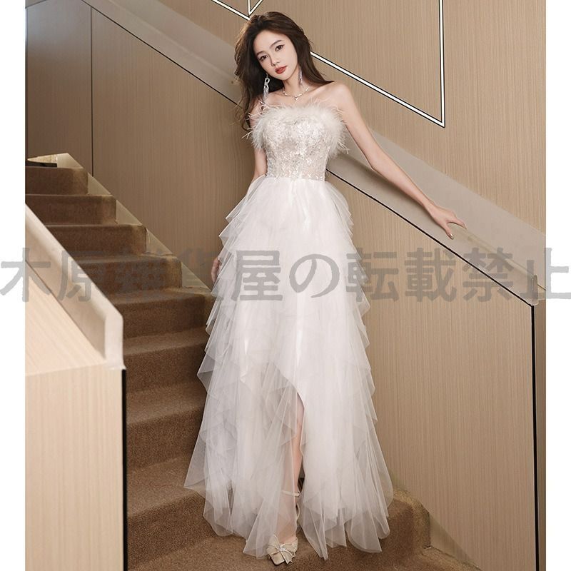 パーティードレス イブニングドレス ミニ丈 フリル 白 ホワイト イベント シースルー チュール エレガント 二次会 宴会 発表会 舞台 大きいサイズ MAAHADDERANG_COM