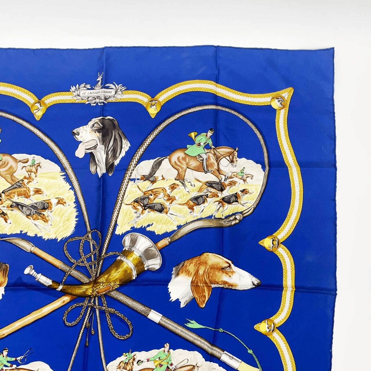 HERMES エルメス カレ90 LE LAISSER COURRE 猟犬 ブルー シルク