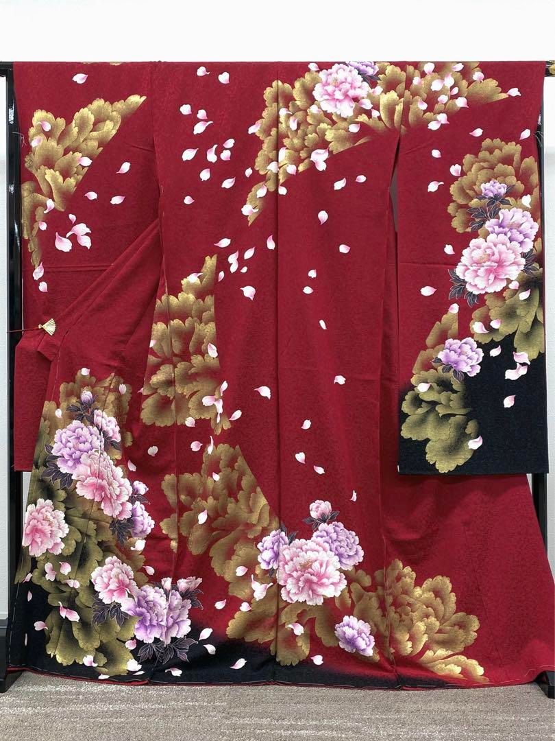 振袖 仮絵羽 銀通し ラメ刺繍 金彩 紋意匠 牡丹 正絹 未仕立て品 八掛