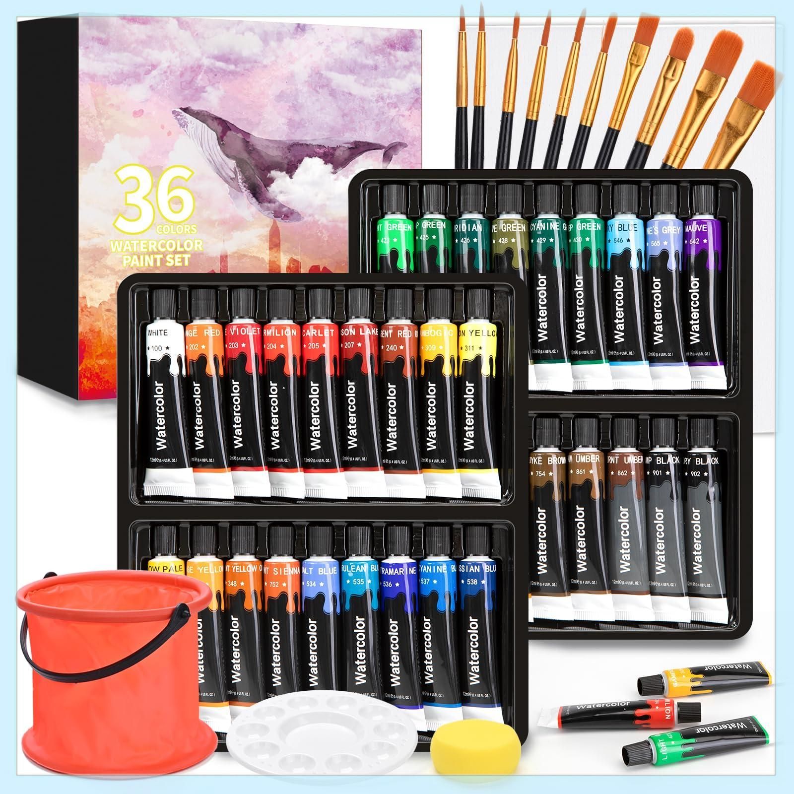 50点セット 透明水彩絵の具 36色 10本ブラシu00261個パレットu00261個折り畳み式バケツu00261個スポンジu00261個キャンバス付き チューブ 耐久性 速乾 手作り 手軽 木/卵/陶器/布に描ける 子供用 イ