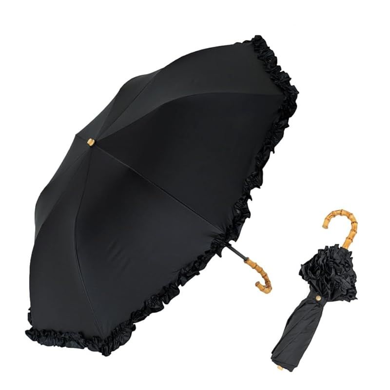 VITAFELICE ヴィータフェリーチェ 2段折りショート傘 晴雨兼用|親骨55cm レディース pru-30176z フリルブラック