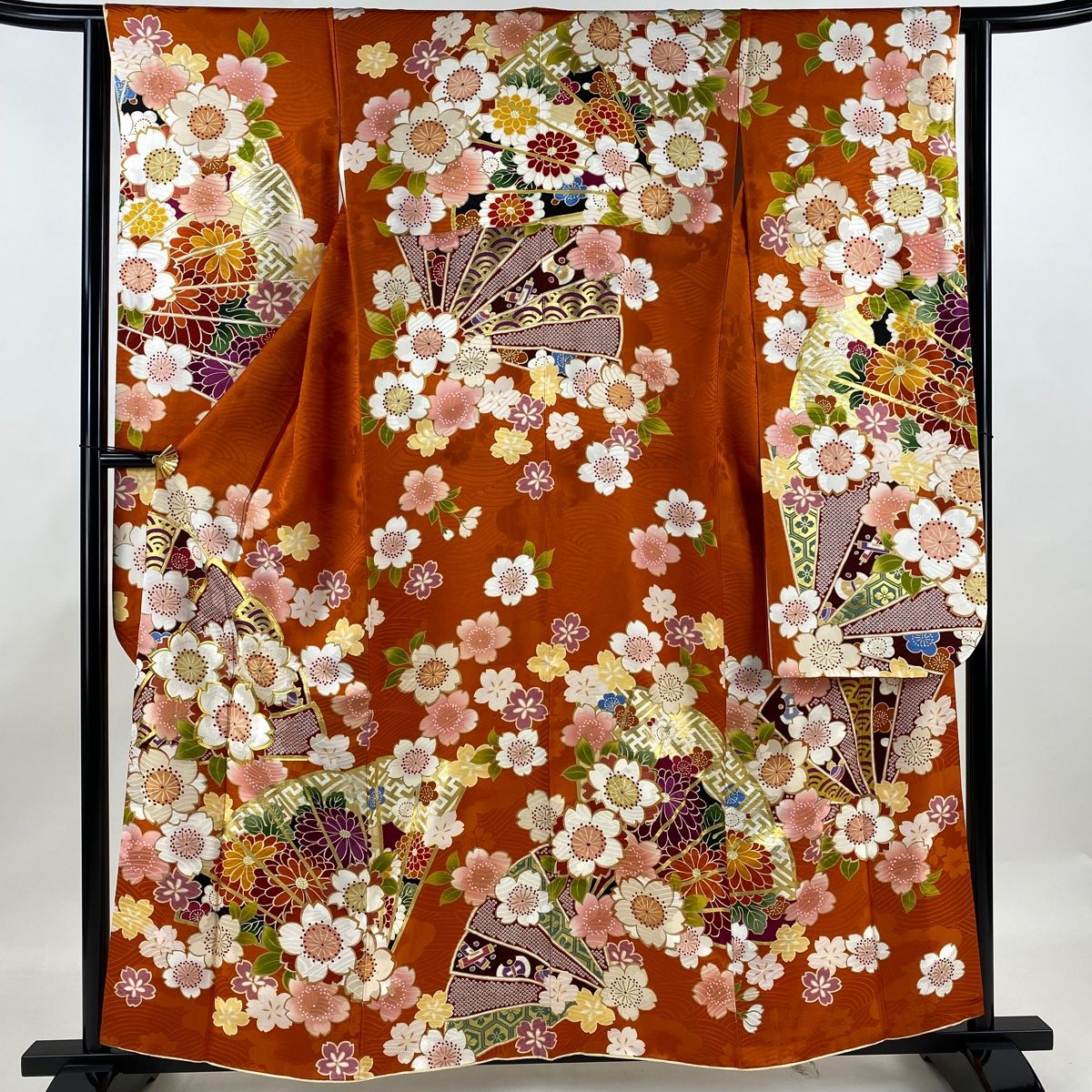 振袖 身丈157cm 裄丈63cm S 袷 檜扇 桜 金糸 金彩 オレンジ 正絹