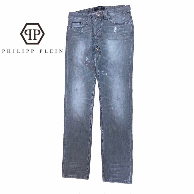 【新品】確実正規品 PHILIPP PLEIN フィリッププレイン ライトグレー ジーンズ STRAIGHT CUT 10RD RockDIAMOND メンズ 33 Ｌ