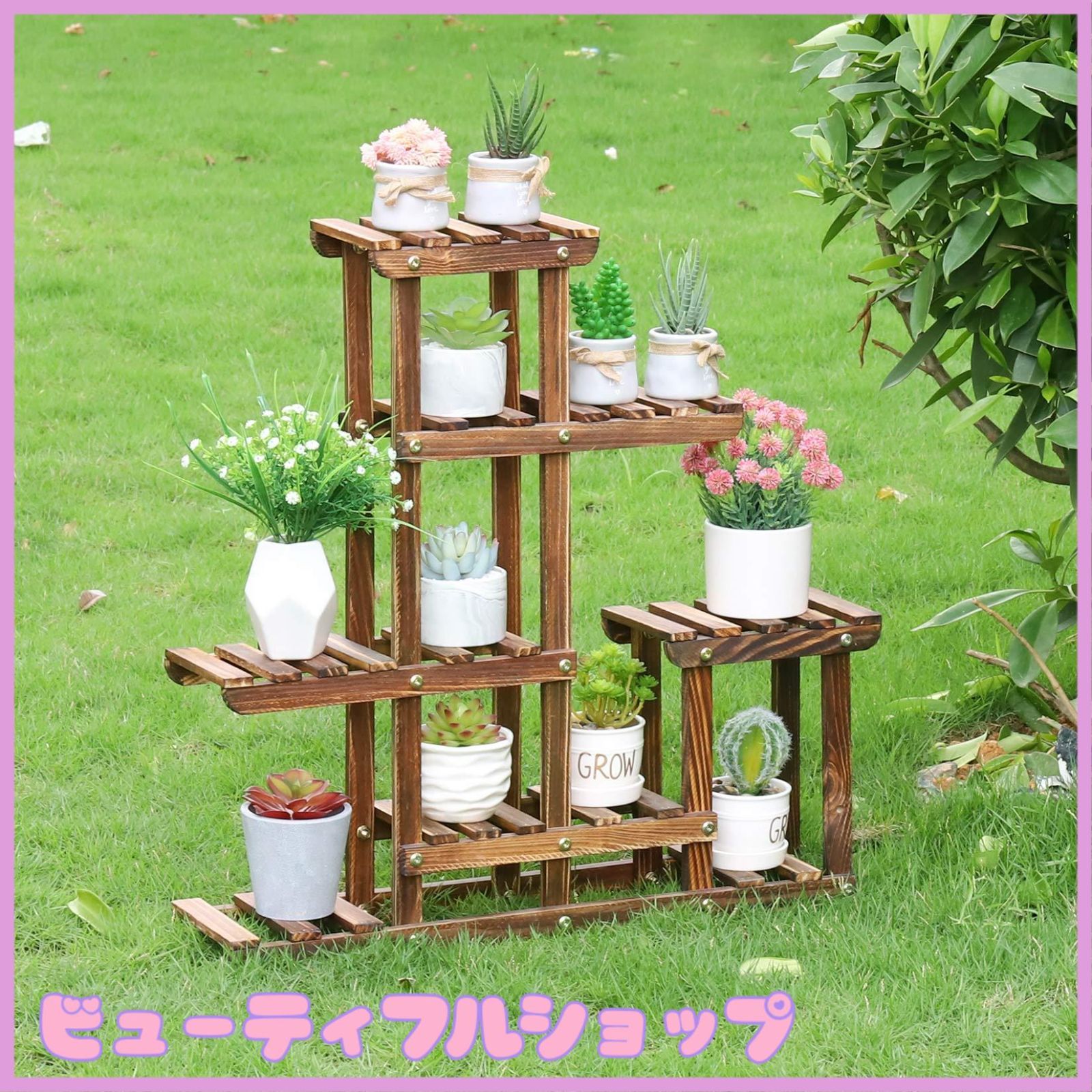 特価】UNHO フラワースタンド 木製 ガーデンラック 4段 棚 鉢スタンド