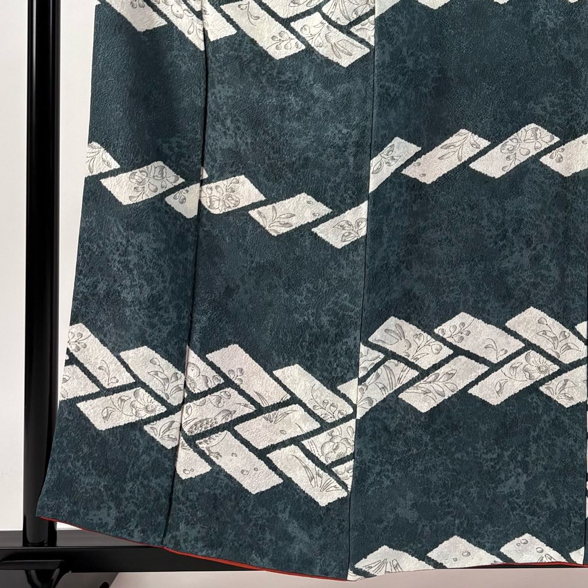 小紋 身丈158cm 裄丈62.5cm S 袷 うさぎ 桧垣 縮緬 深緑 正絹