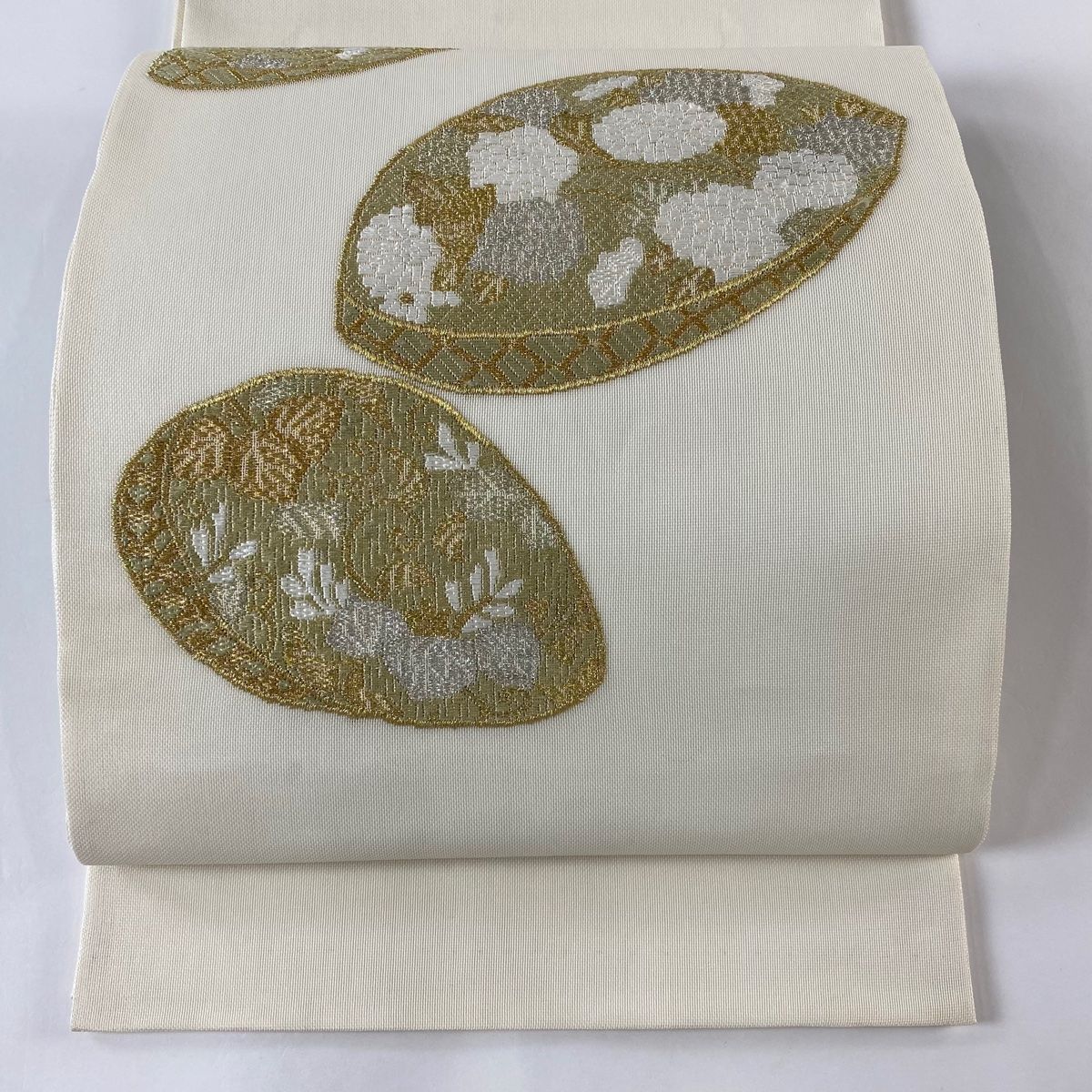 袋帯 秀品 夏帯 菊唐草 桜 刺繍 金銀糸 クリーム お太鼓柄 正絹