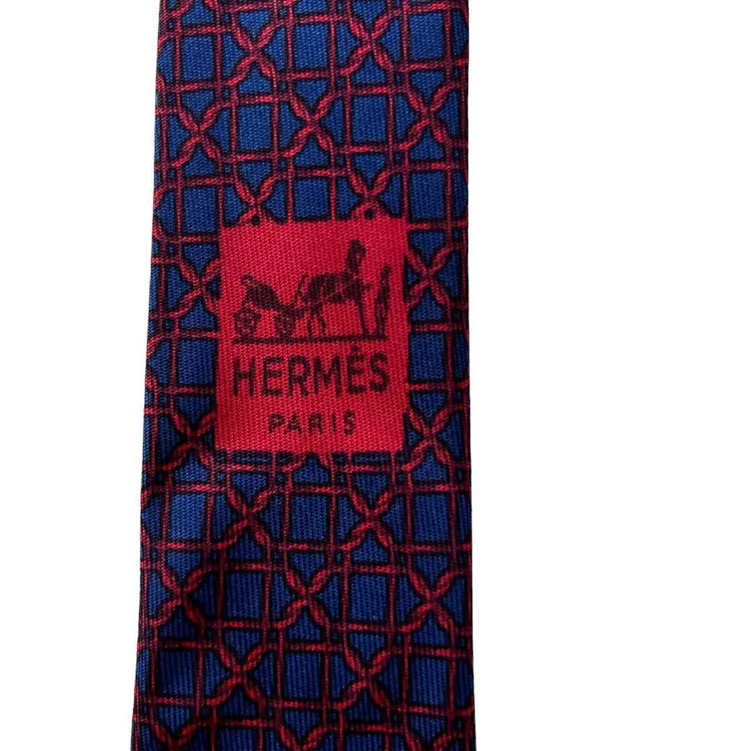 HERMES エルメス ネクタイ 赤 ワイン色 エンジ  紺 ネイビー 総柄