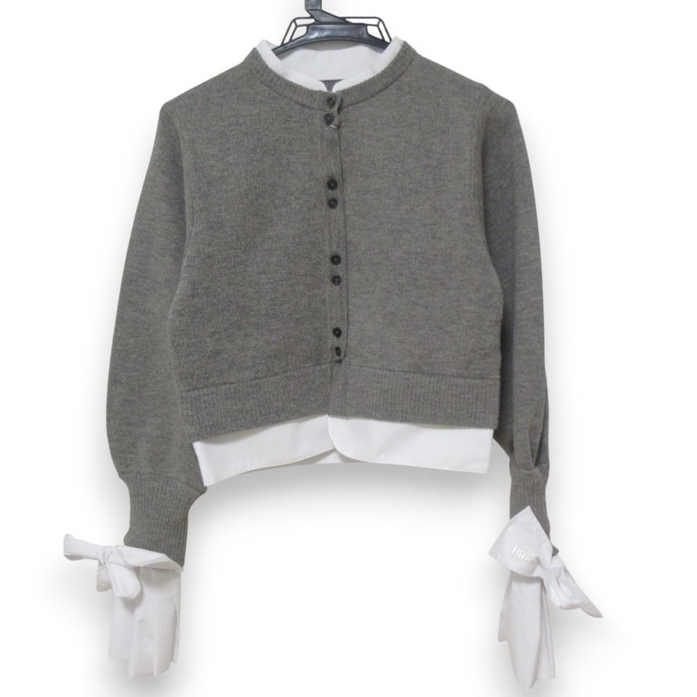 Bibiy ビビィ ANGELIQUE KNIT 異素材ドッキング 袖リボン 長袖 カーディガン B41-KN050GYF サイズF グレー ホワイト レディース 古着