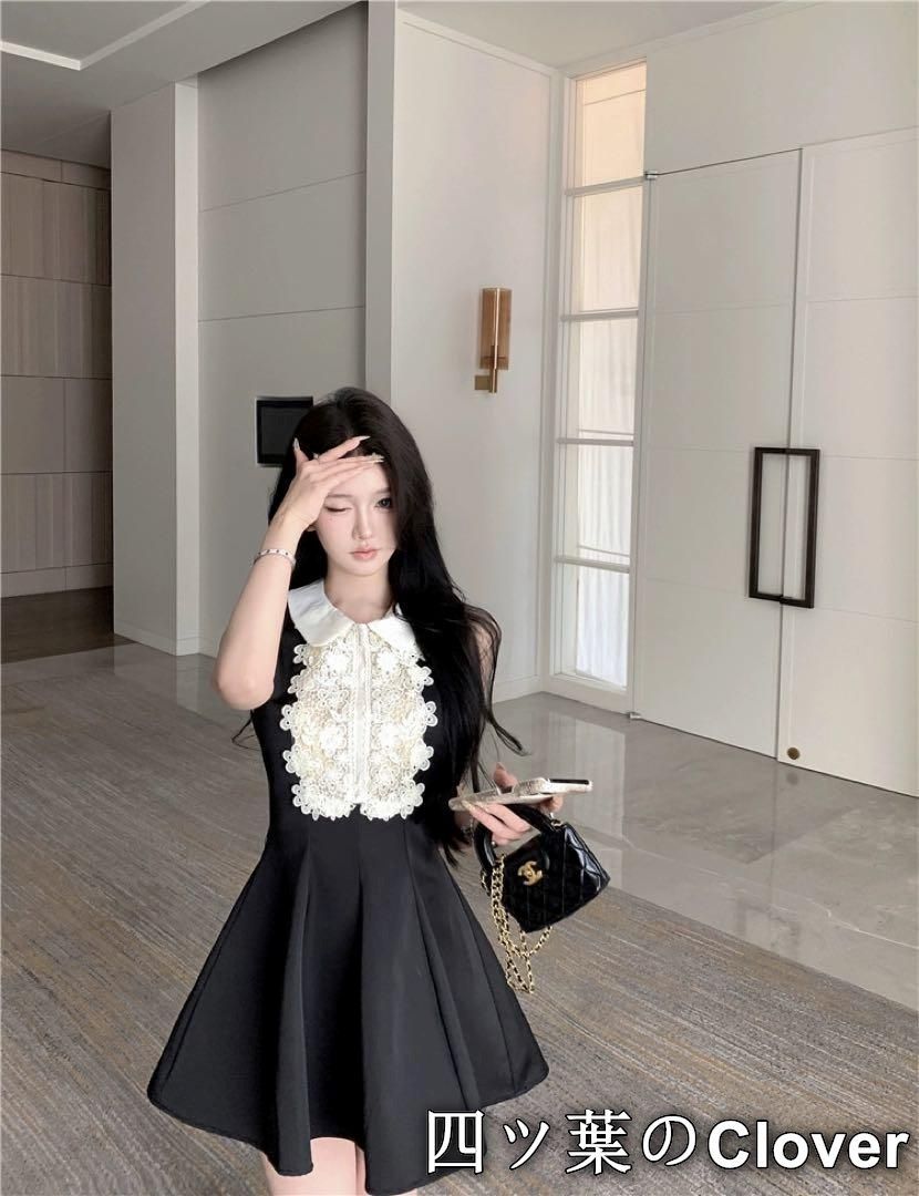  白襟 ミニ丈レースワンピース 清楚系パーティードレス ノースリーブ ポロシャツ