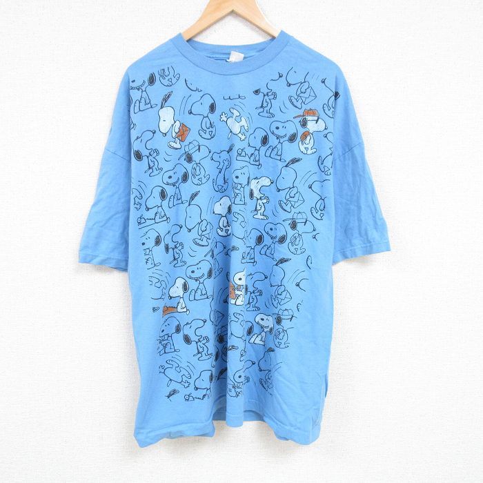 XL/古着 半袖 Tシャツ メンズ ピーナッツ スヌーピー SNOOPY 大きいサイズ ロング丈 コットン クルーネック 水色 spe 24jul20 中古