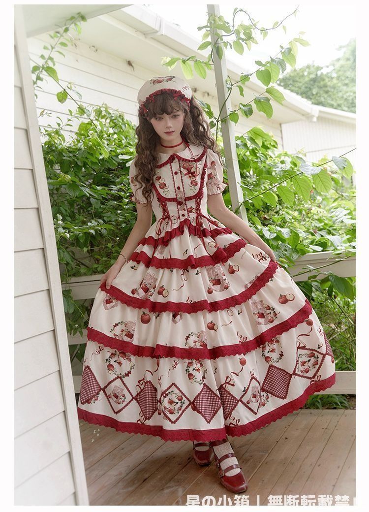 新品未使用 重工刺繍プリント リンゴ園テーマ ロリータスカート＆トップスセット 大フレアデザイン 秋用 双子コーデ対応 上品で可愛い 高品質 撮影用ドレス 推し活 パーティー衣装 仮装 イベント用 おしゃれで人気 プレゼントにも最適 2025新品 重工刺繍プリント リンゴ園テーマ ロリータスカート