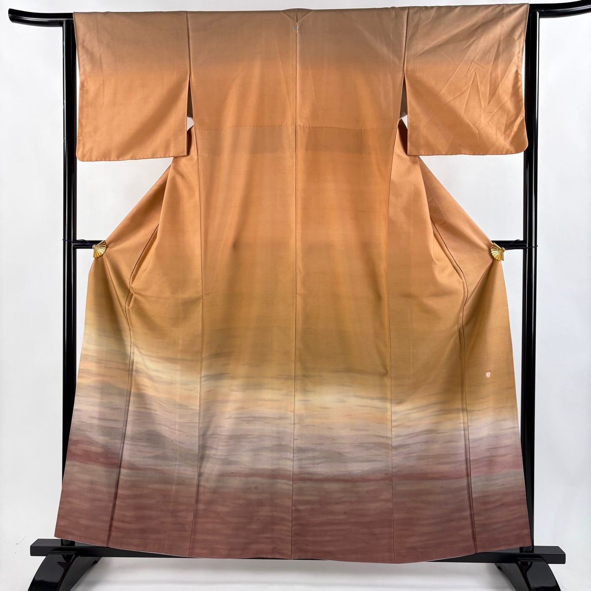 訪問着 身丈160cm 裄丈63cm S 袷 牛首紬地 落款 山並み 霞 ぼかし オレンジ 正絹 名品 一つ紋