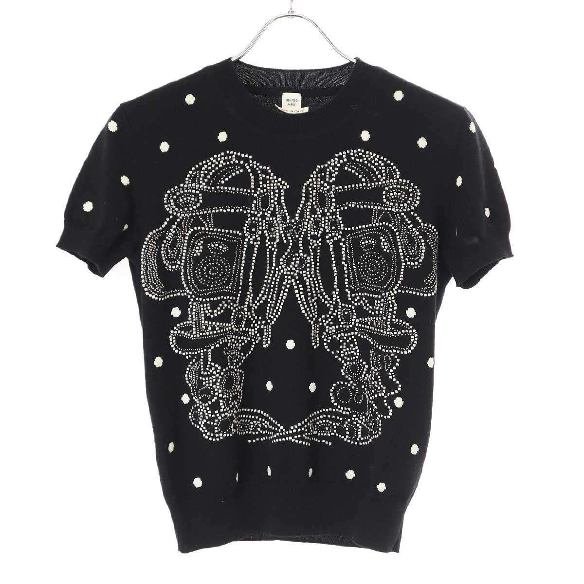 HERMES - HERMES エルメス 23SS BRIDES de GALA ブリッド ドゥ ガラ カシミヤコットンドットニットTシャツ 3E2623D8 ブラック 38 HERMES エルメス 23SS BRIDES de GALA ブリッド ドゥ ガラ
