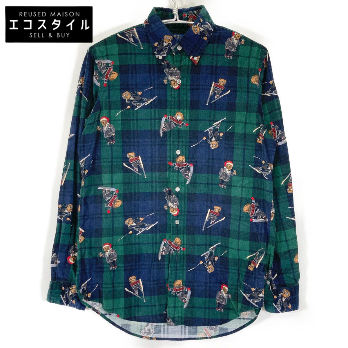 POLO RALPH LAUREN ポロ ラルフローレン ﾌﾞﾙｰ×ｸﾞﾘｰﾝ ﾍﾞｱ ｺｰﾃﾞｭﾛｲ BD長袖ｼｬﾂ S