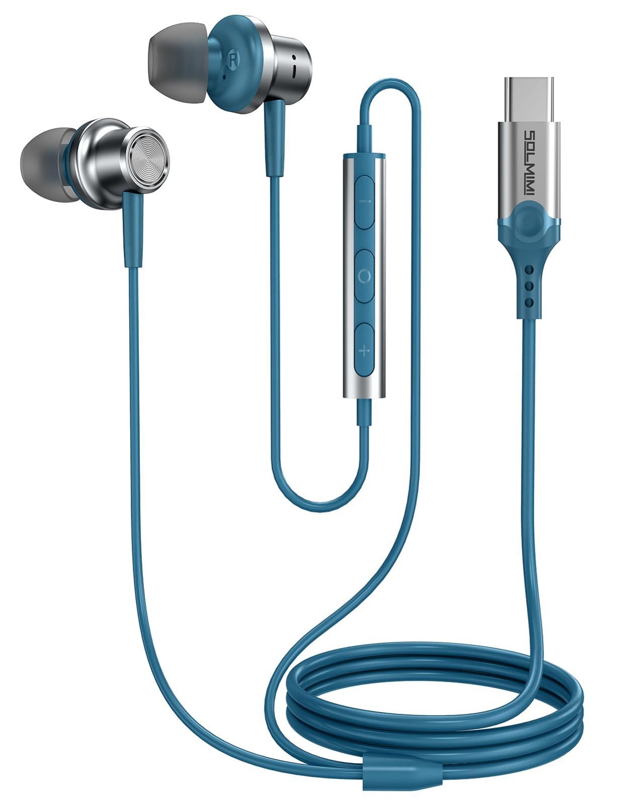 Brand New SOLMIMI 1.2M USB-C Earphones USB Type-C Earphones with Microphone Canal Type Volume Control with Remote Control Lightweight Sound Isolation Jade Green for School/Commuting/Sports/Work/Gaming