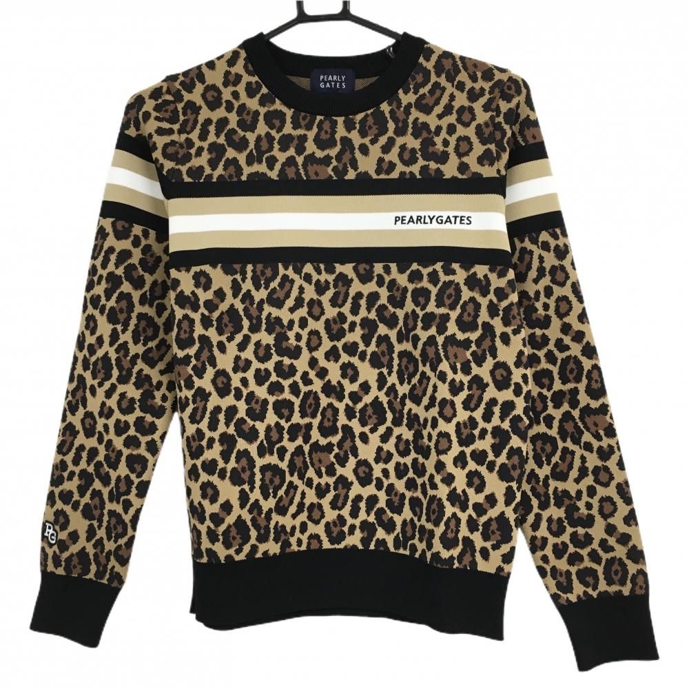 パーリーゲイツ セーター ライトブラウン×黒 レオパード柄 胸元ライン ロゴ刺しゅう レディース 0 S ゴルフウェア PEARLY GATES