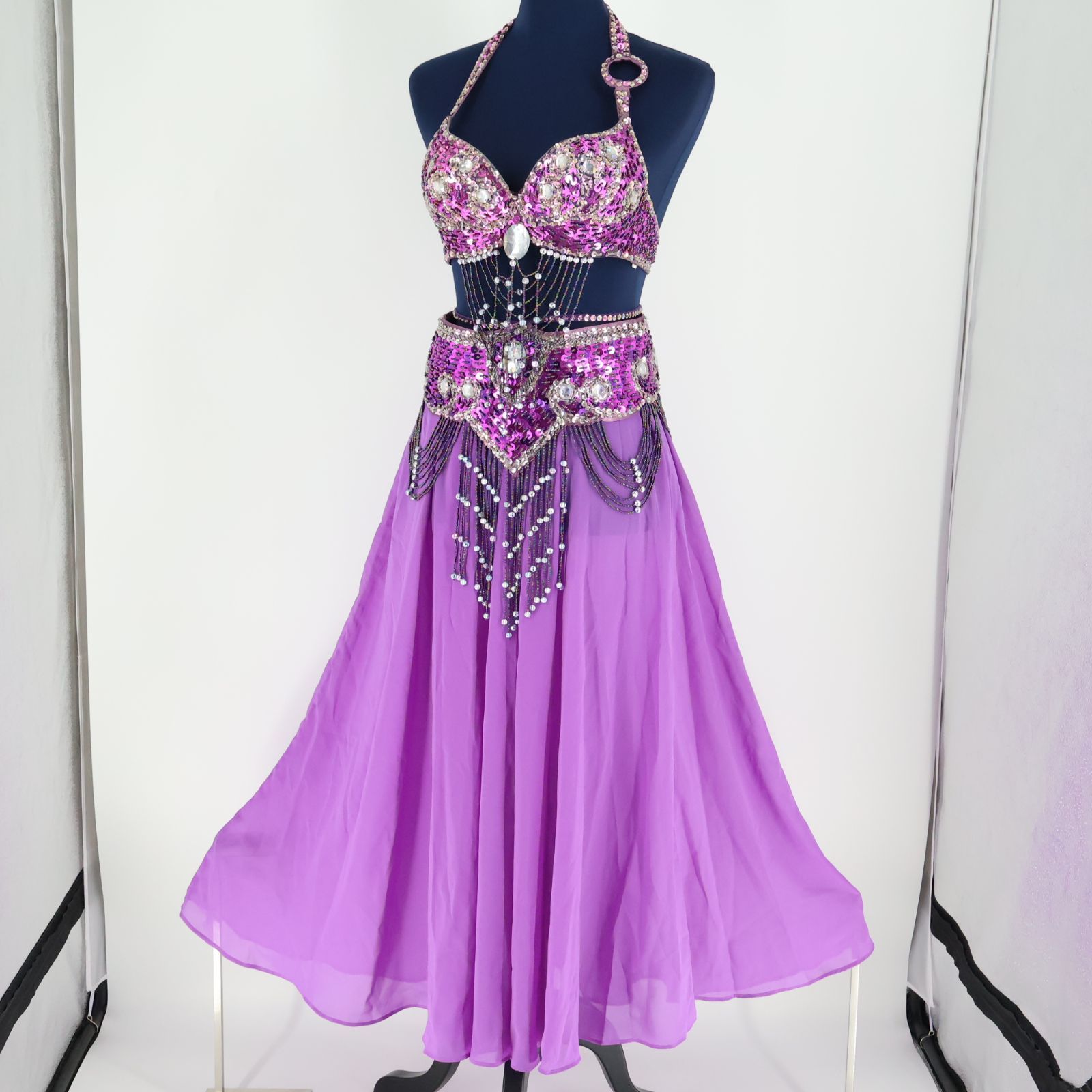 ベリーダンス用 オリエンタル衣装】レッド×ゴールド スパンコールラメ