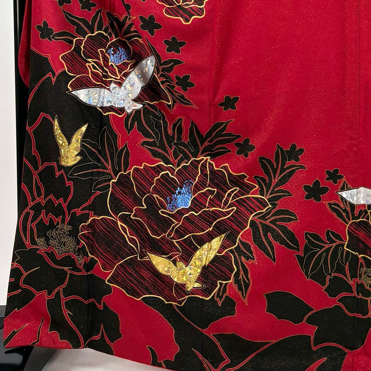 振袖 身丈168cm 裄丈69cm L 袷 鳥 牡丹 金通し 金銀彩 赤 正絹 秀品