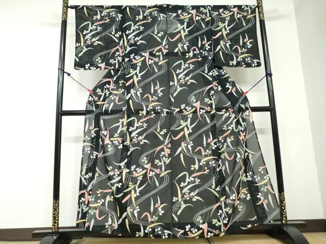 平和屋着物＊夏物 小紋 絽 枝葉文 黒地 洗える着物 CAAW3135ut