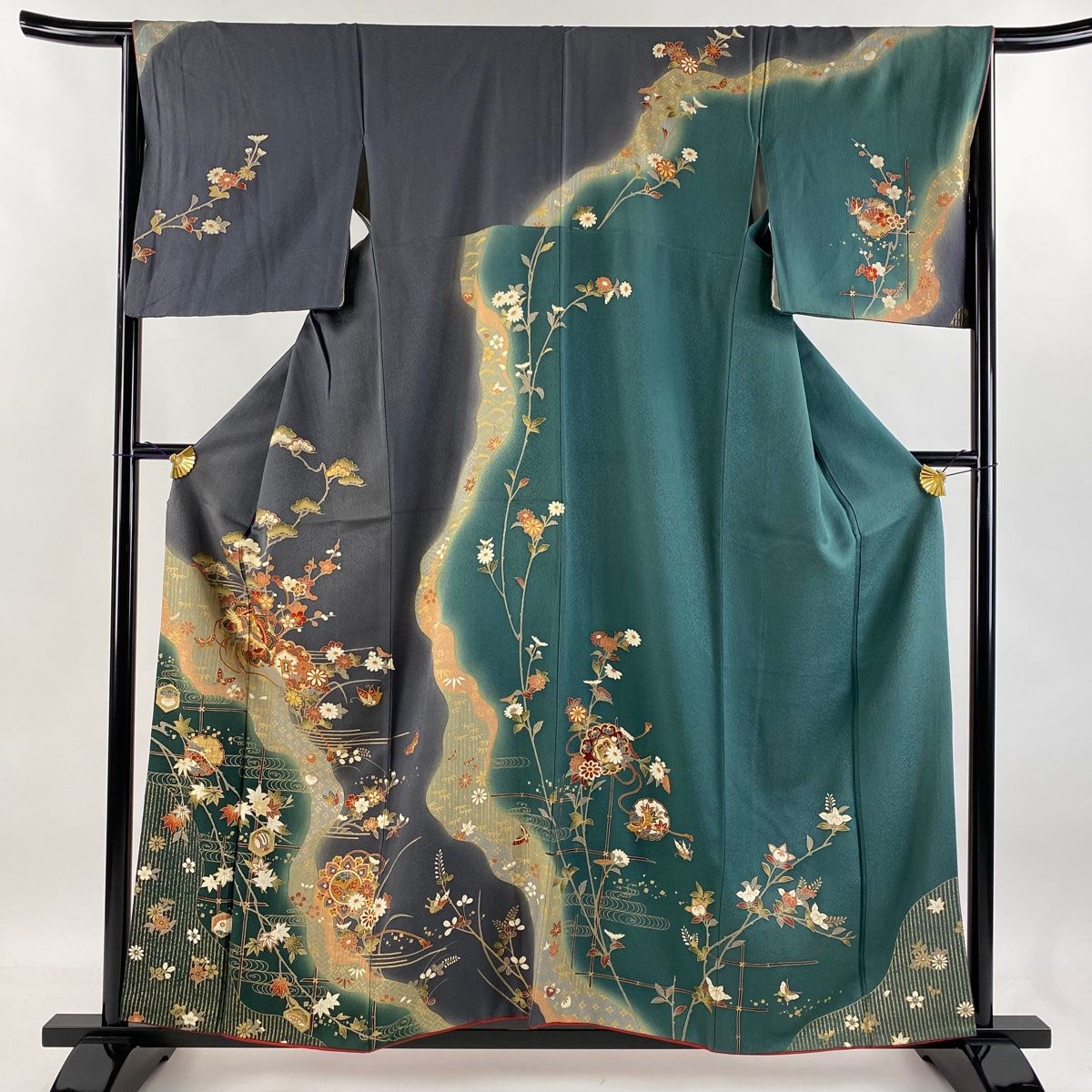 訪問着 身丈158cm 裄丈65cm M 袷 鏡裏文 松竹梅 金糸 金彩 灰緑 正絹 秀品