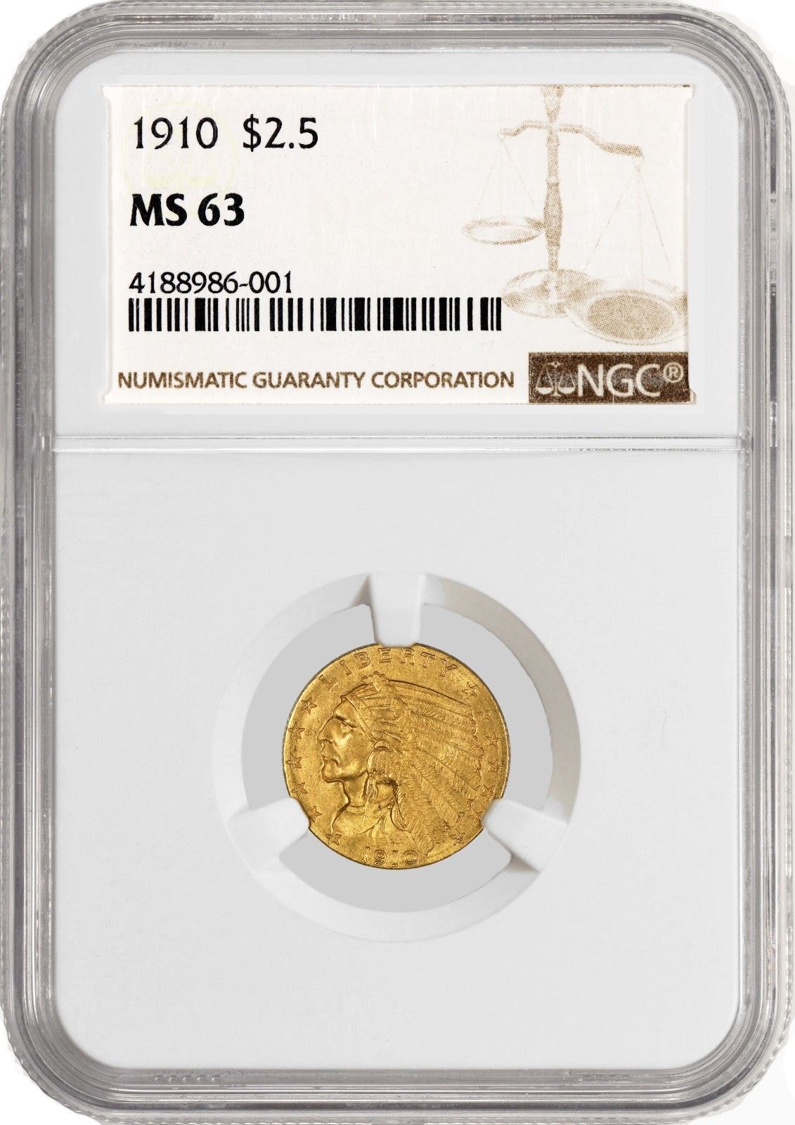 1910 $2.50 Indian Head Quarter Eagle G NGC MS63 Uncirculated Coin