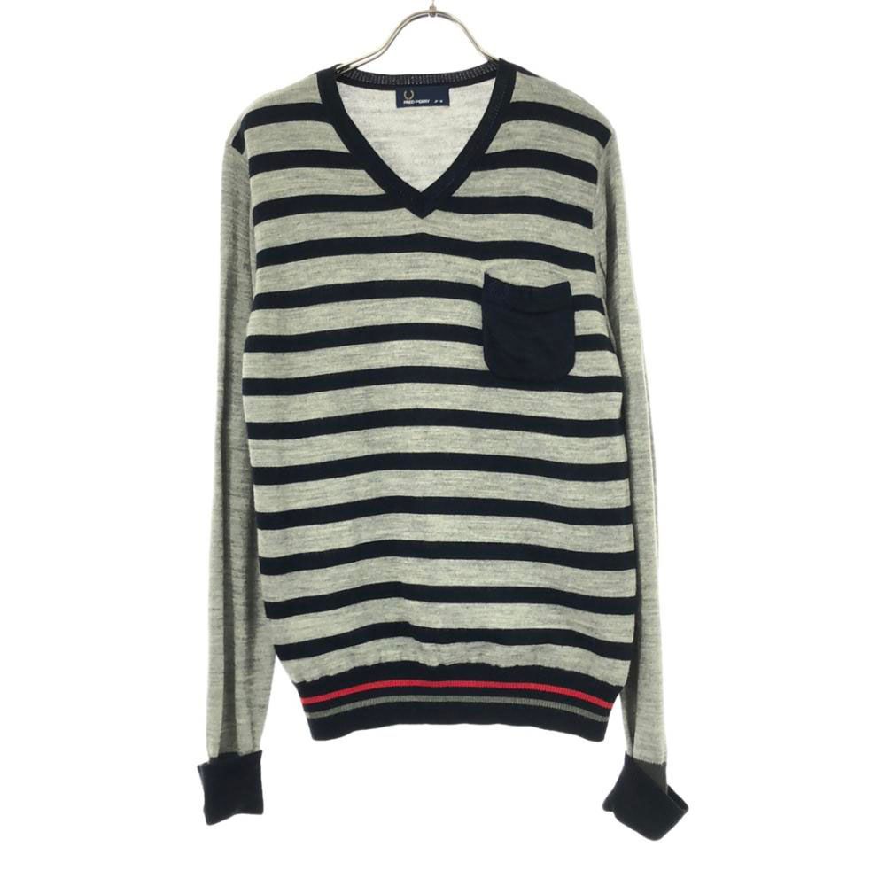 フレッドペリー ボーダー 長袖 Ｖネック セーター M グレー FRED PERRY ニット メンズ