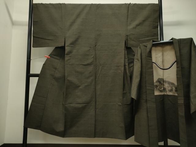 平和屋着物●男性 紬 アンサンブル 藍媚茶色 正絹 CAAT0564dy