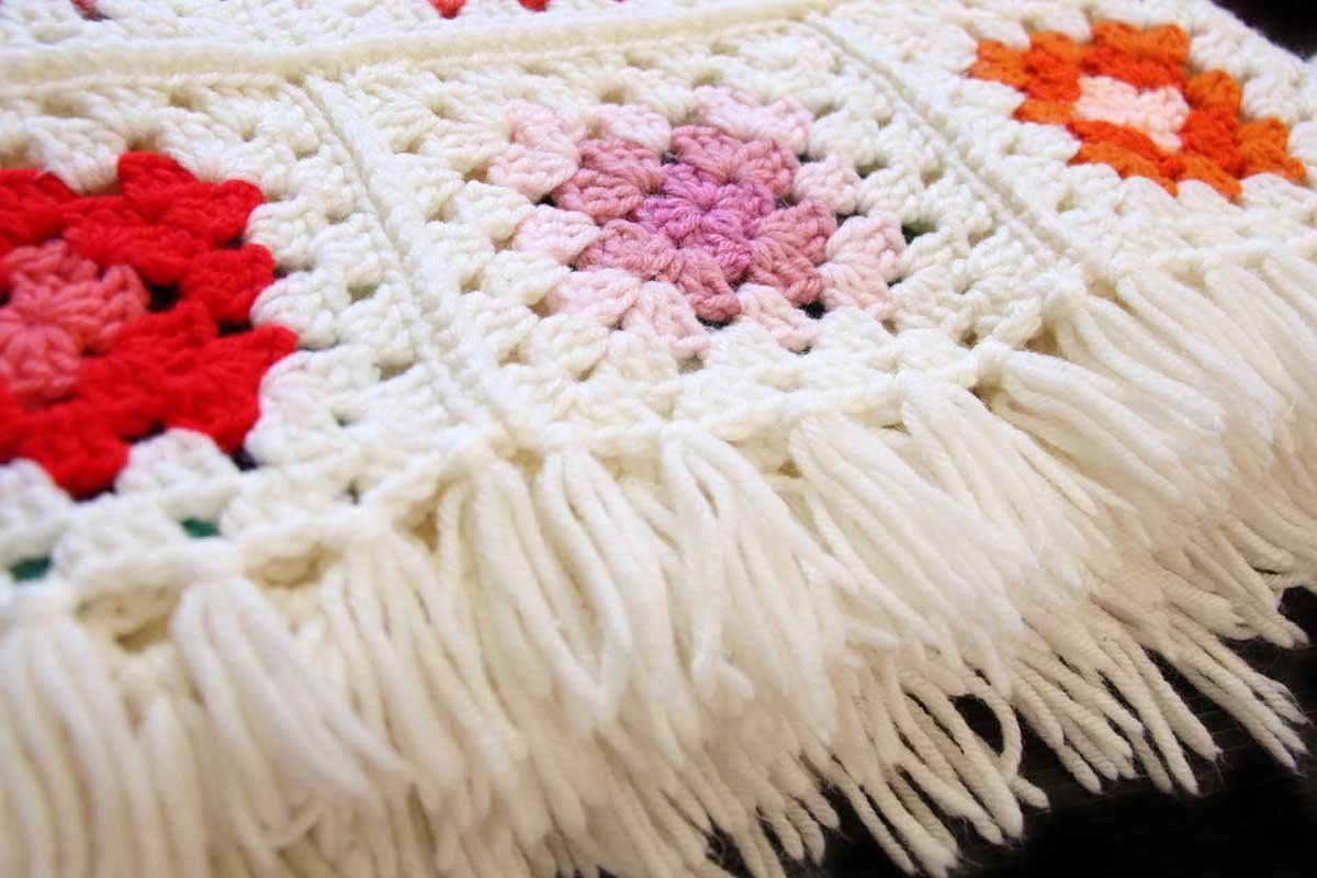 スクエア モチーフ ニット グラニー ブランケット 白☆C カギ編み ラグ