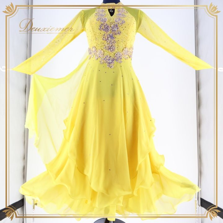 社交ダンス 衣装 スタンダードドレス ドレス スタンダード ワンピース 黄色 フロート デモ 競技 ダンス パーティ 発表会 イエロー系 フォーマル ステージ衣装 おしゃれ 美しい ラグジュアリー かわいい 女性用 エレガント イベント用