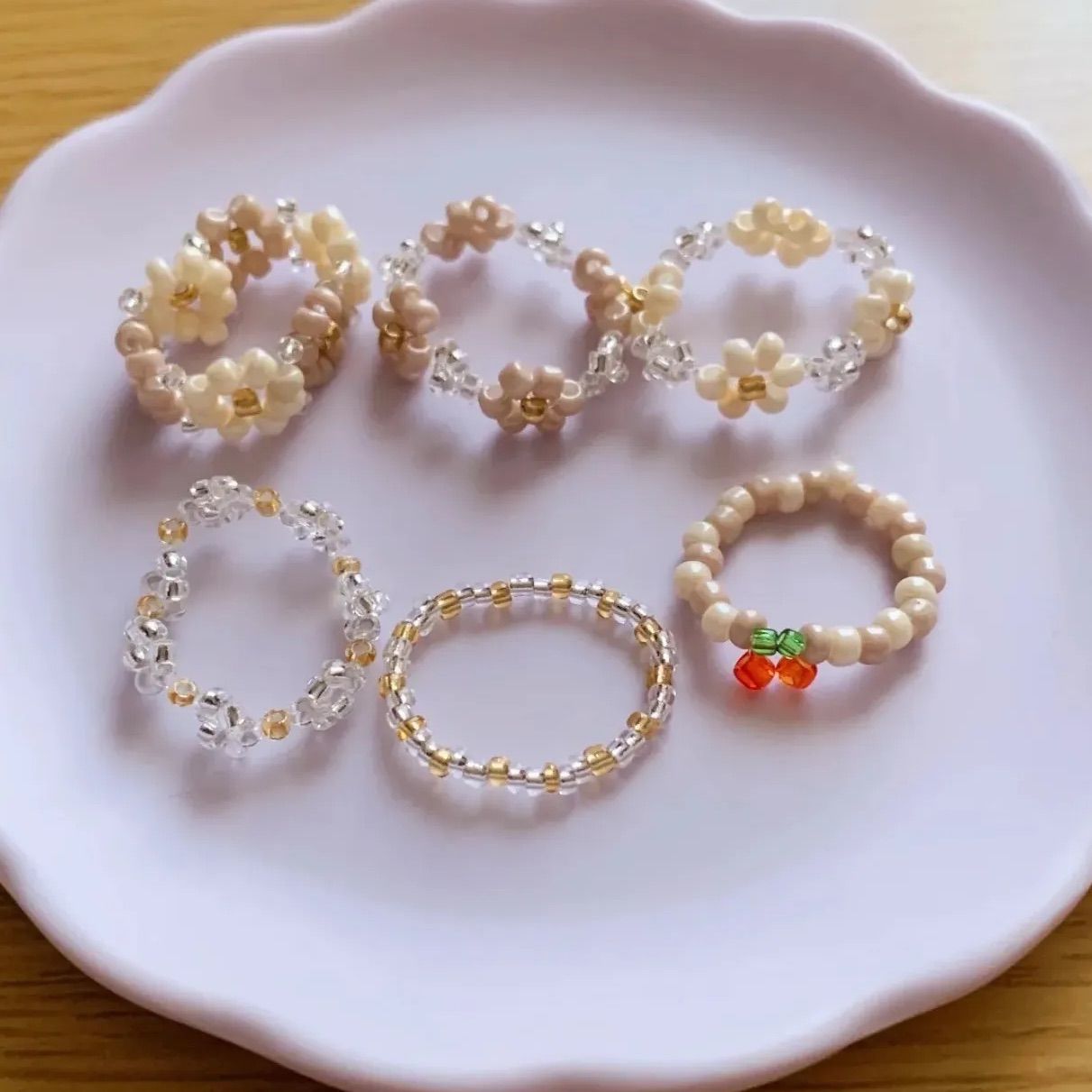 ブラウン×ベージュ ビーズリング ハンドメイド アクセサリー シンプル