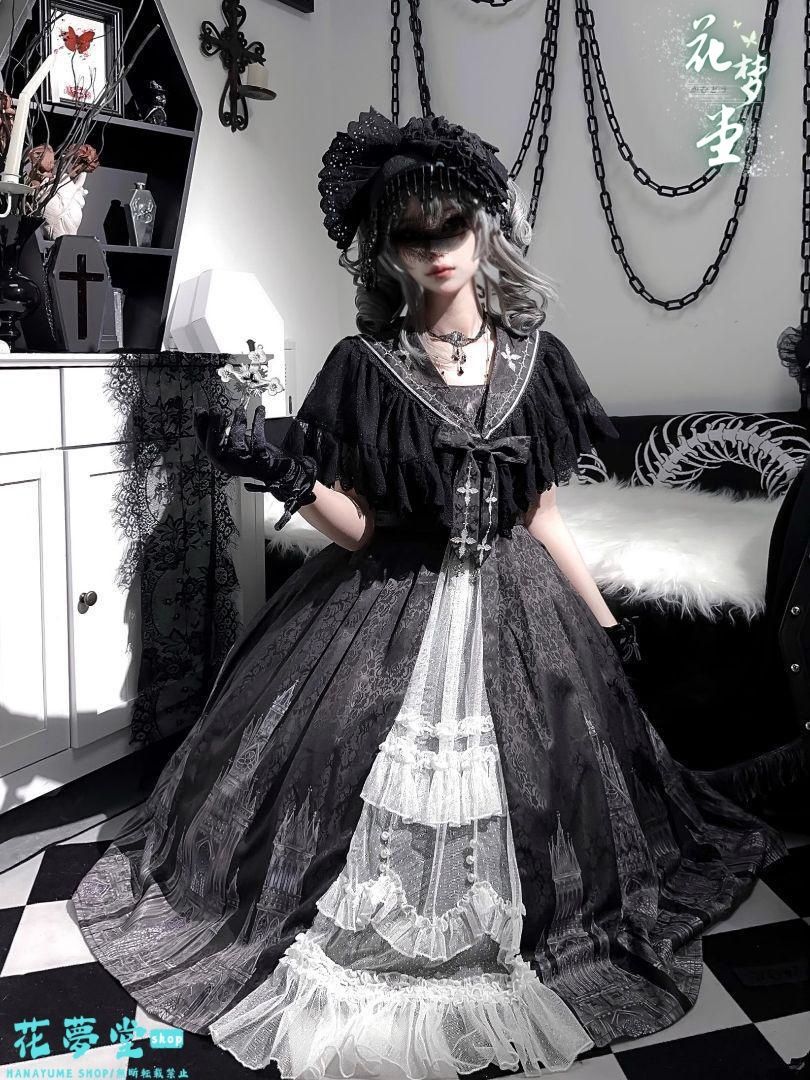 25年 ゴスロリロリータセット 仮装 オリジナル 洋服 ロリータ ワンピース ブラック 撮影会 舞台 イベント 花夢堂-285