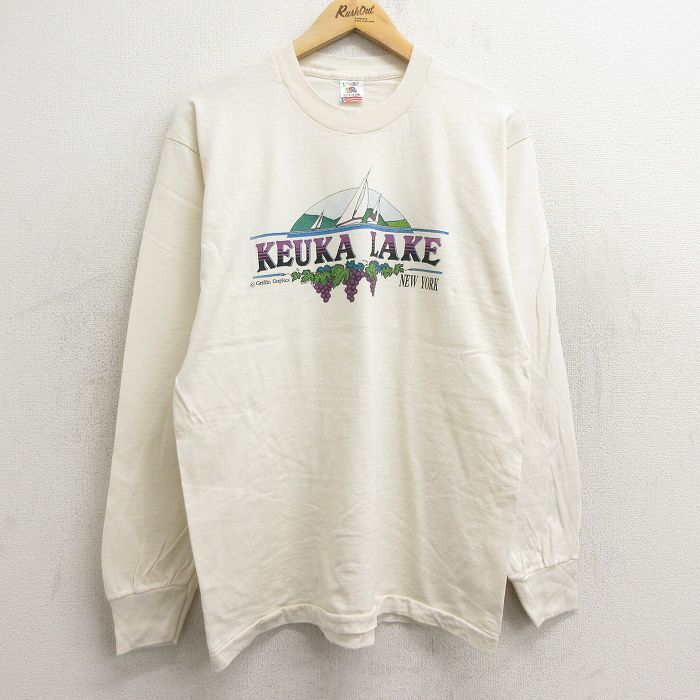 L/古着 フルーツオブザルーム 長袖 ビンテージ Tシャツ メンズ 90s キューカ湖 ブドウ コットン クルーネック 生成り 24aug01 中古