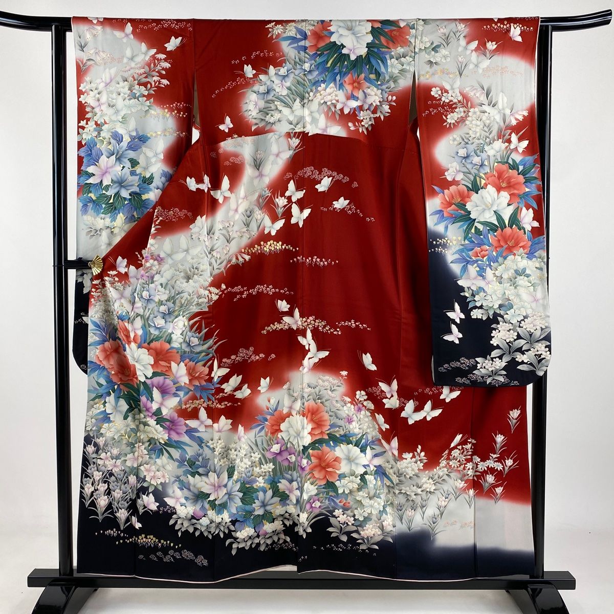 振袖 身丈154.5cm 裄丈61cm S 袷 草花 蝶 金彩 染分け 赤 正絹 秀品