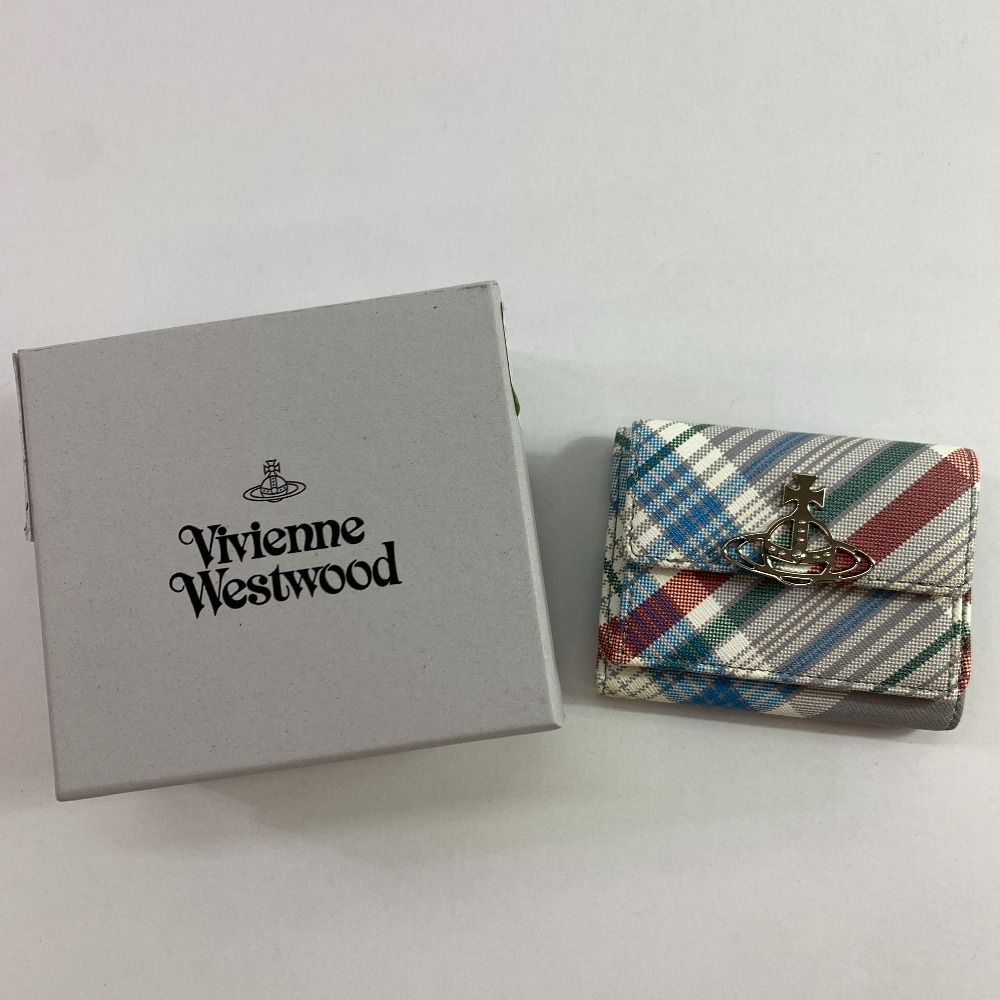 04w4317▽ Vivienne Westwood ヴィヴィアン ウエストウッド SAFFIANO PRINT 財布 三つ折り ミニ財布 オーブ チェック マドラスチェック 52010013U-L0057-LA 八王子店