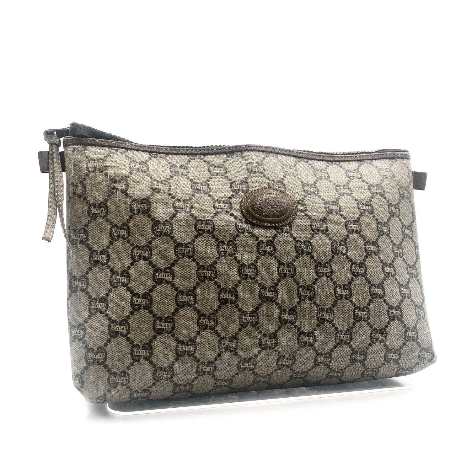 GUCCI クラッチバッグ　GG PLUS GG柄　PVC×レザー　ロゴプレート グッチプラス GUCCI PLUS オールドグッチ GG柄 ベージュ PVC