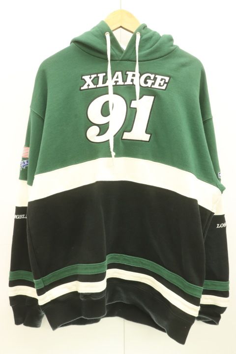 【中古】 X-LARGE メンズパーカー L TEAM PANELED HOODED X-LARGE L 黒 ブラック ロゴ
