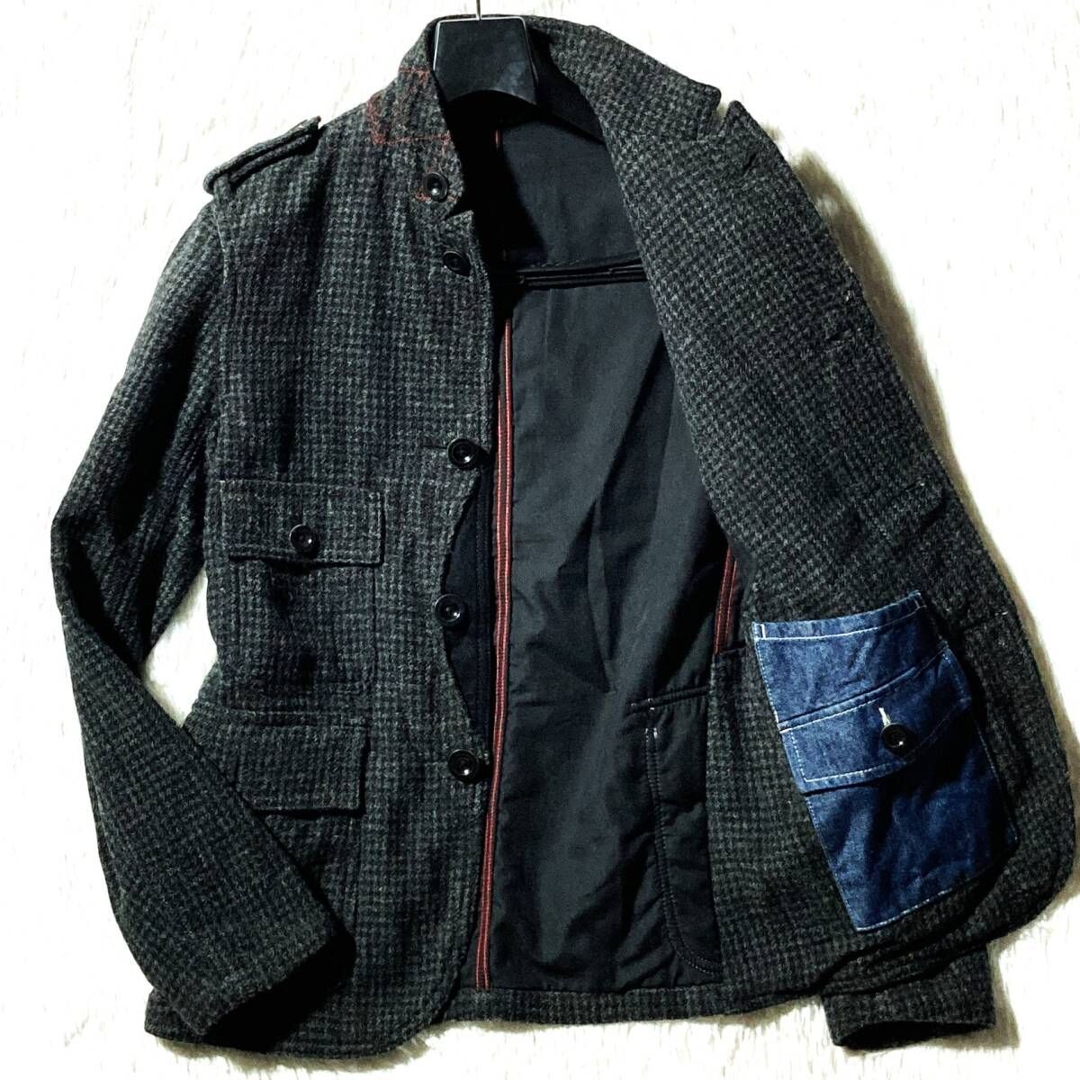トゥモローランド クラシックUKワーク リバーシブル 千鳥格子ツイード ハンティングジャケット 裏デニムポケット-赤ステッチ 黒灰 S