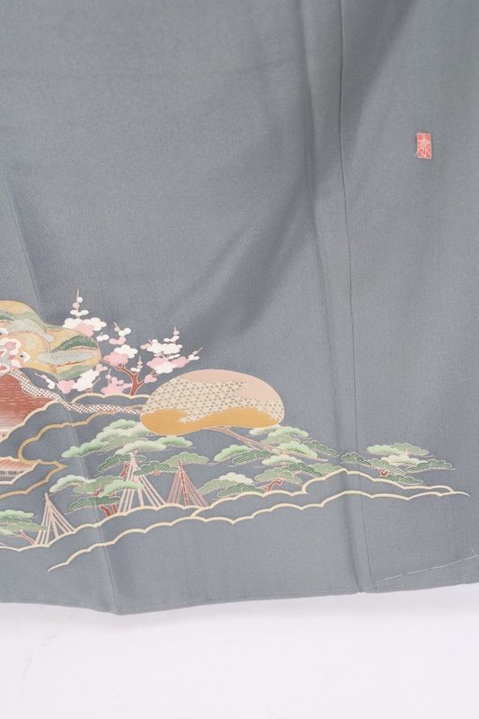 色留袖 グレー ひわ 茶 緑 紫 ゴール花 波 七宝 手描き京友禅 五つ紋
