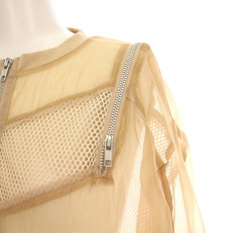 アウラアイラ AULA AILA ZIP UP SHEER TOPS ジップアップシアートップス カットソー シースルー 五分袖 0 ベージュ 1242-04009 ZIP UP SHEER TOPS — aulaaila