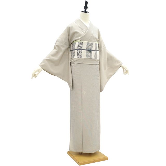 ベージュの塩沢お召し　単衣 新古品】 本塩沢 単衣 着物 未使用 正絹 塩沢 塩澤 春 秋 薄