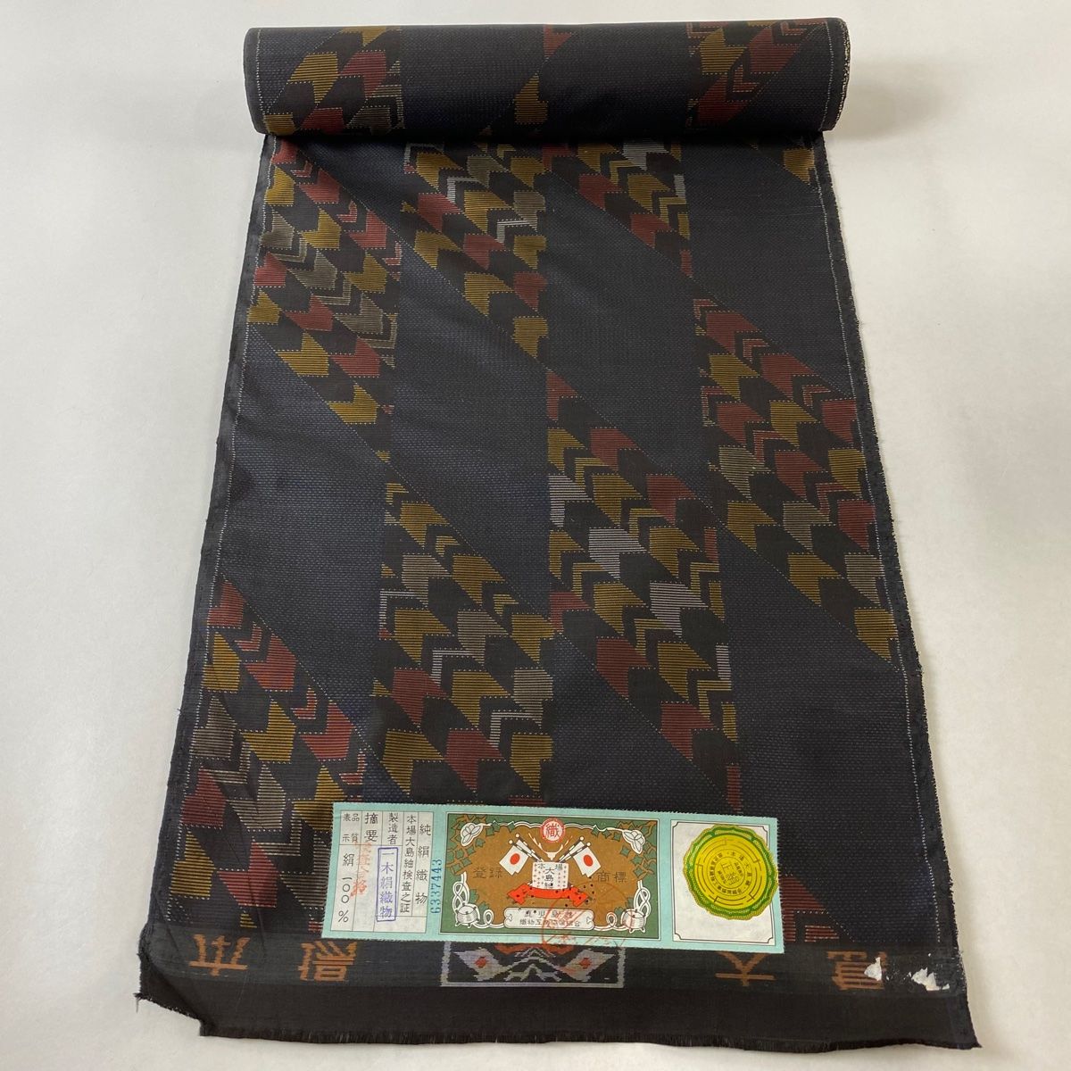 反物 秀品 大島紬 証紙有 幾何学 黒灰 正絹