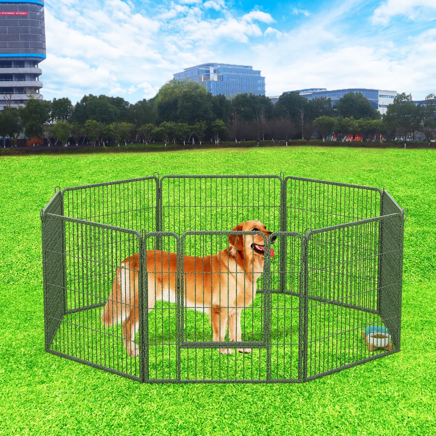  Dinah Alsop ペットフェンス 中大型犬用 ペットケージ パネル ペットサークル 四角ポール 折り畳み式 トレーニングサークル スチール製 複数の 室内室外兼用 犬小屋 ペット 高さ100 cm- シルバーブラック ケージ 犬用品