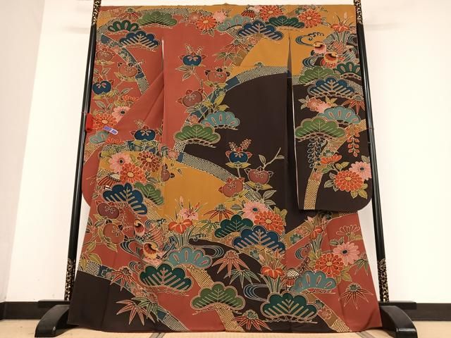 平和屋着物●紅型 振袖 鴛鴦花松文 正絹 AABB0299zg
