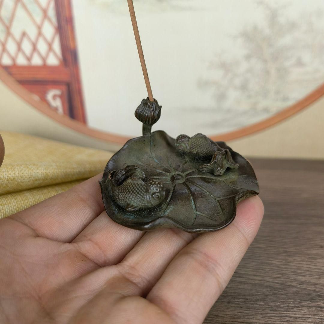 銅 細工 茶道具 香道具 蓋置 置物 ハス葉双魚香挿し 工芸品 美術