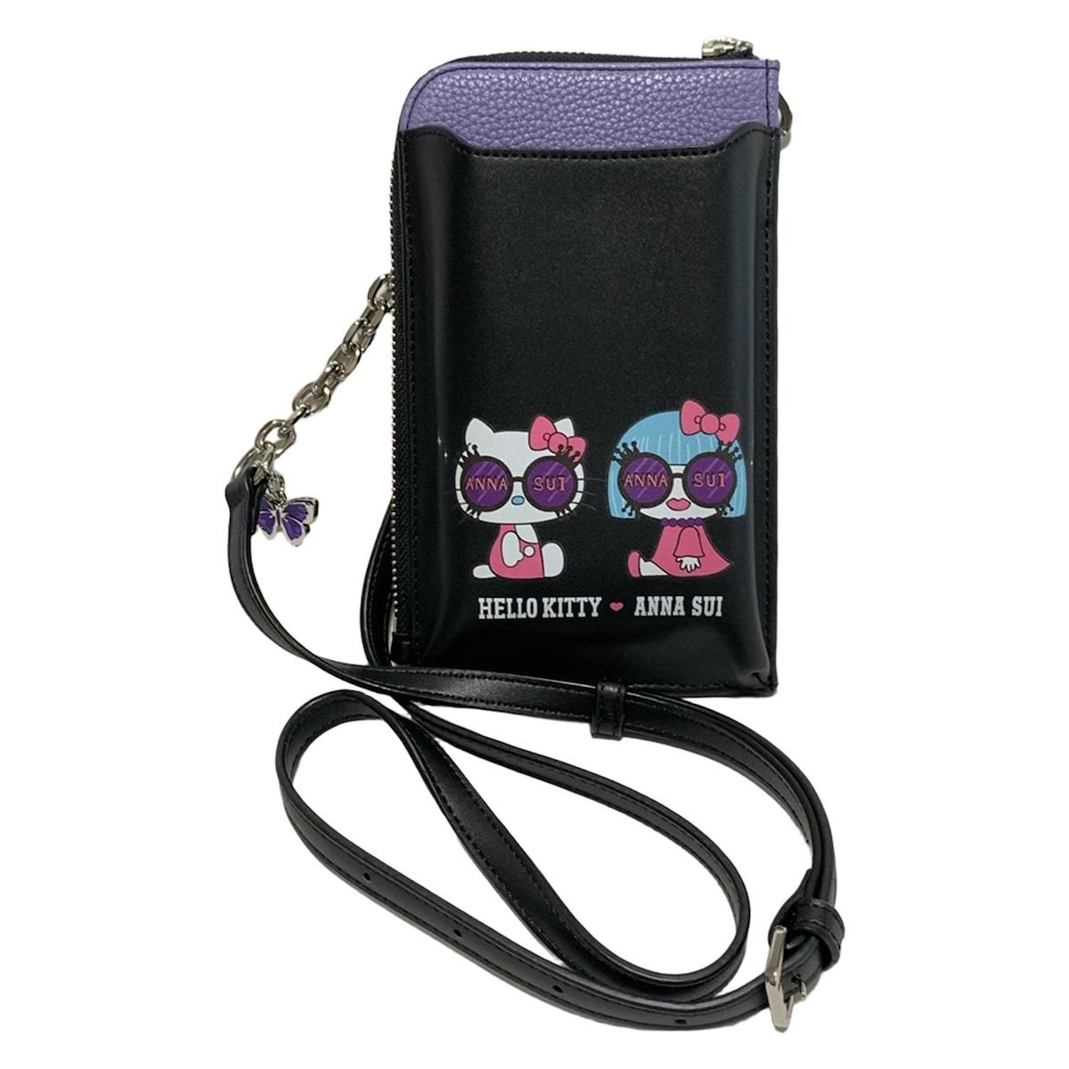 ANNA SUI アナスイ 財布 - 黒×ライトパープル×マルチ ショルダーウォレット|L字ファスナー|HELLO KITTYコラボ