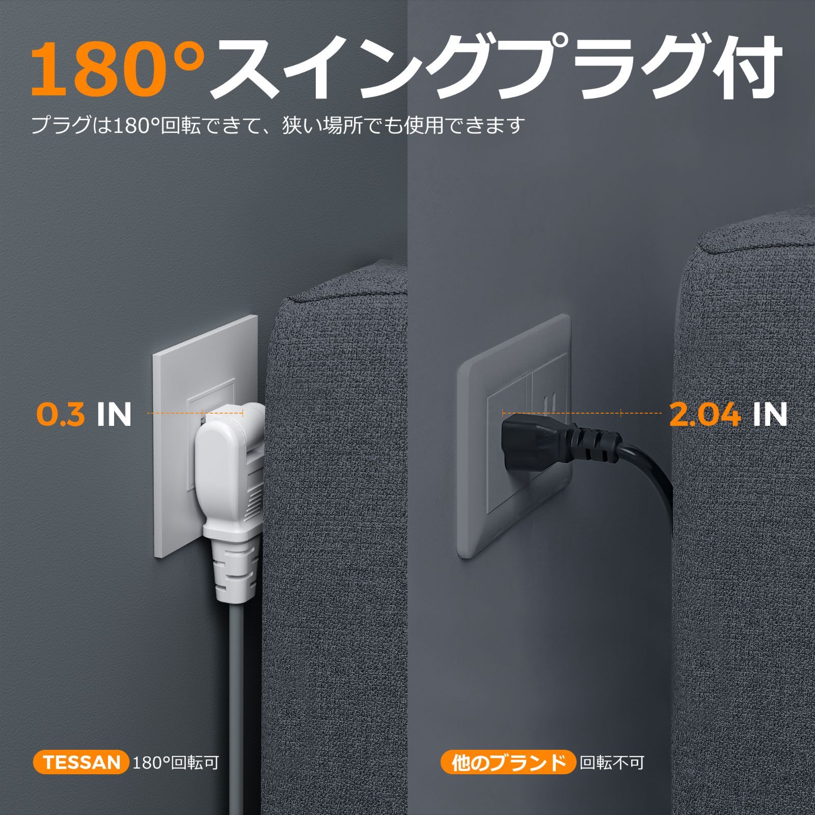 延長コード 2m 電源タップ TESSAN usb-c コンセントタップ 3個AC口 USB-C 1ポート USB-A 2ポート 蛸足コンセント タコ足配線 テーブルタップ マルチタップ スイングプラグ oaタップ 壁掛け式/卓上に 小型軽量 出張/旅行