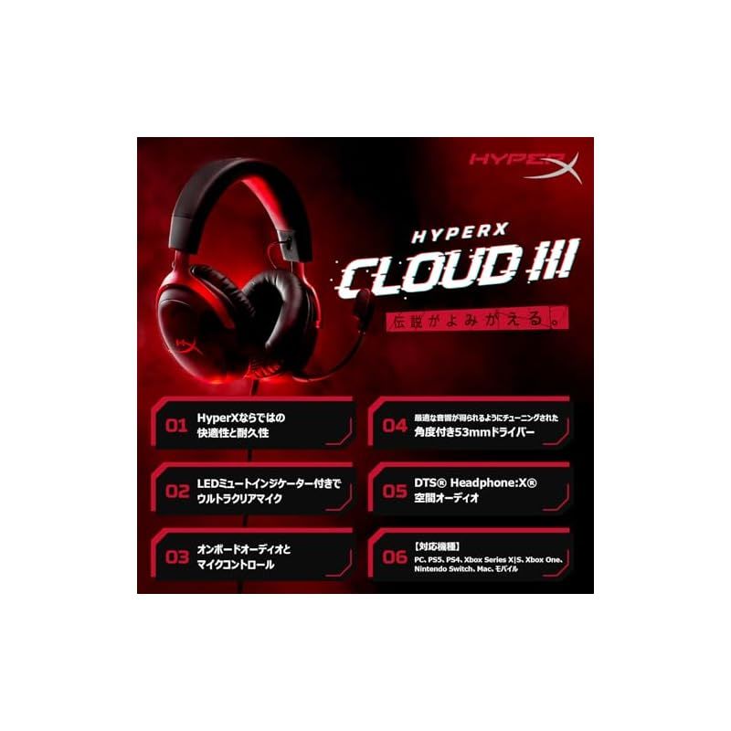 ハイパーエックス(HyperX) HyperX Cloud III? ゲーミングヘッドセット DTS Headphone:X空間オーディオ  53mmドライバー搭載 Cloud IIの 快適性 ブラック-レッド PC、PS5、PS4、Xboxシリーズ、Nin - メルカリ